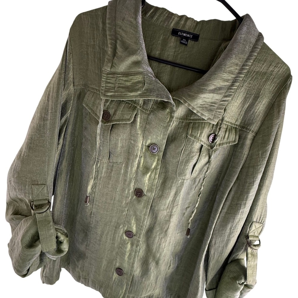 Elementz Utility Shacket Jacket Y2K Artsy Crinkle Roll Tab Sleeve Green XL